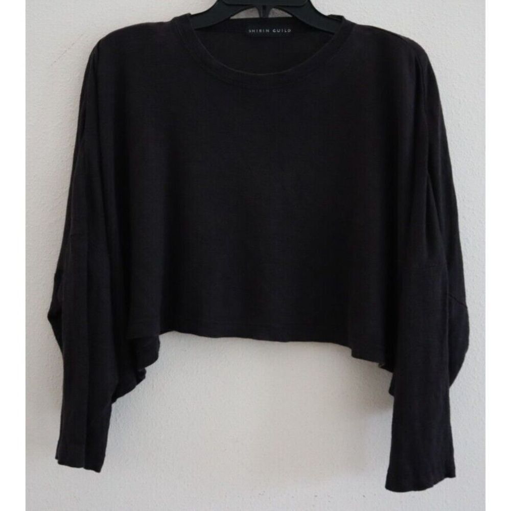 Shirin Guild Women's Sz S US Black Linen Boxy Cropped 3/4 Sleeve Shirt Top